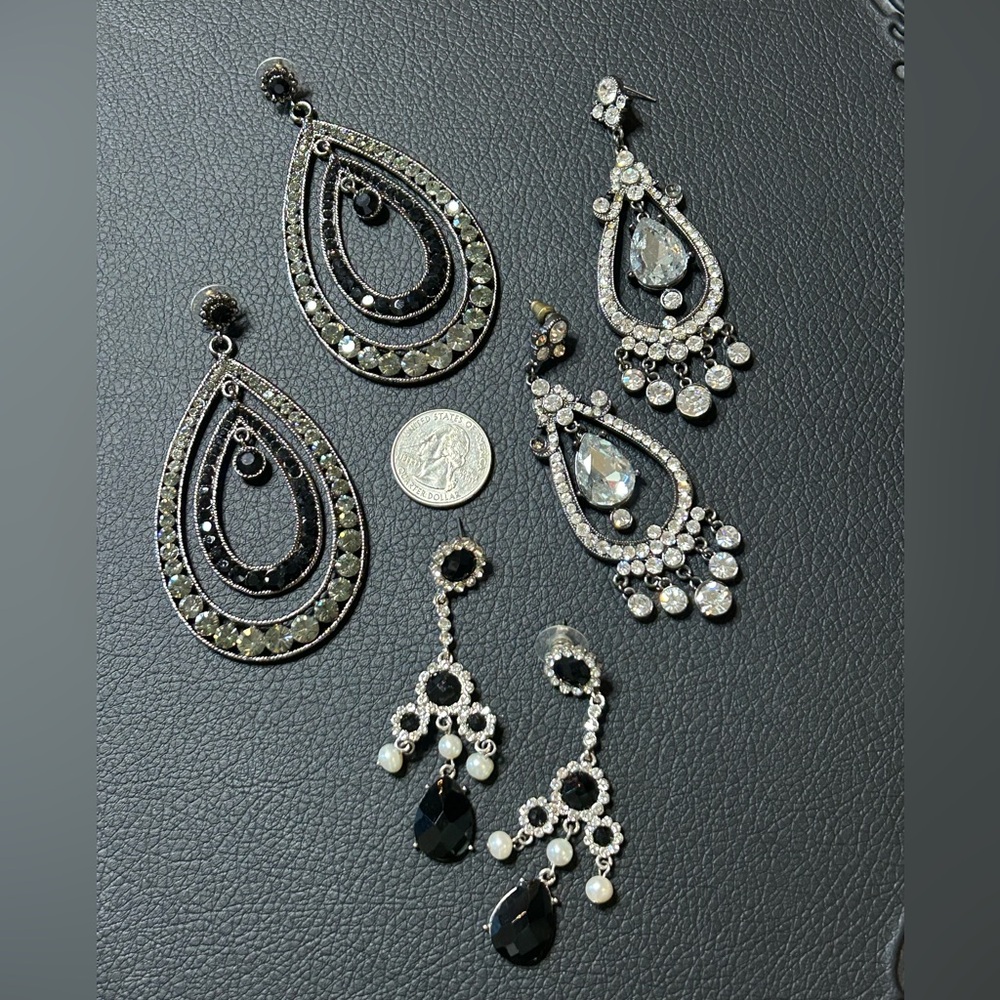Elegant Black and Silver rhinestone Chandelier Earring - 3 pairs